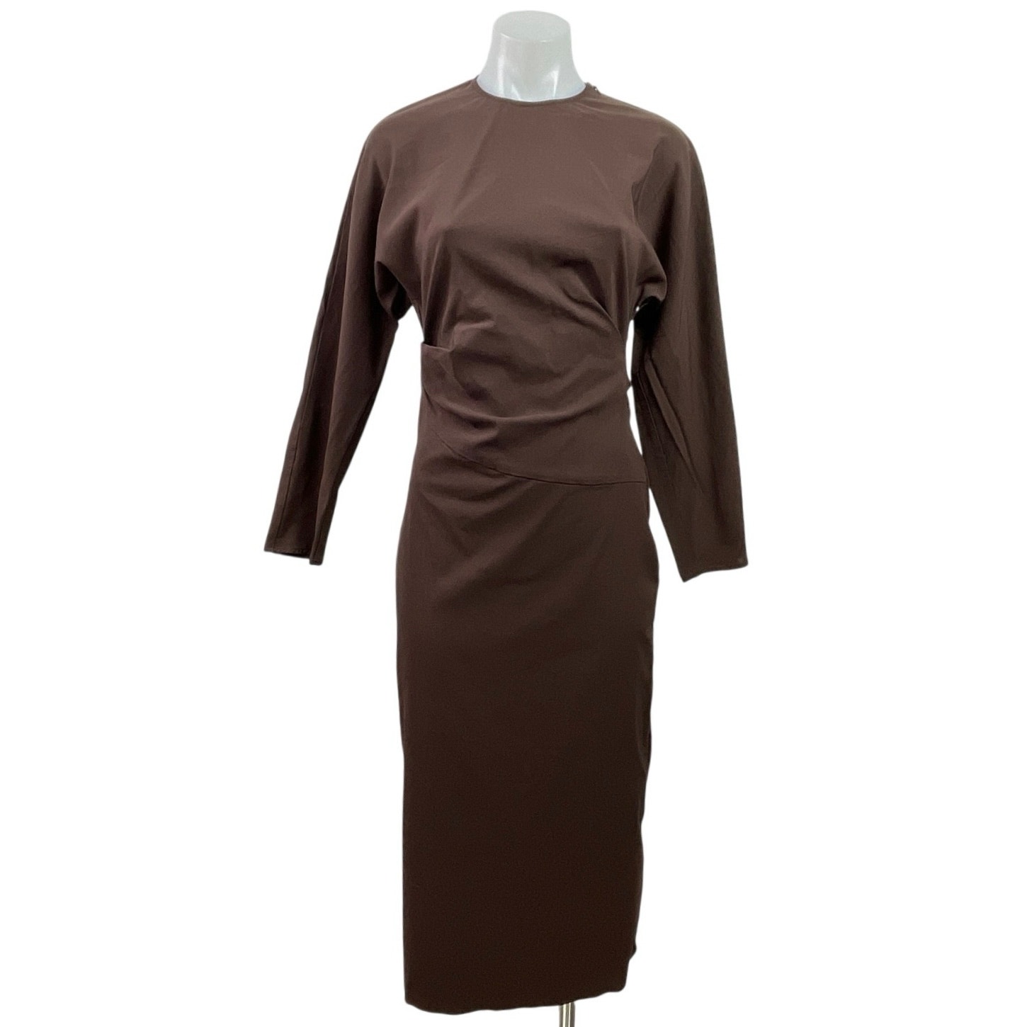 Zara Women's Brown Long Sleeve High Neck Ruched Maxi Bodycon Pencil Dress Sz Xs
